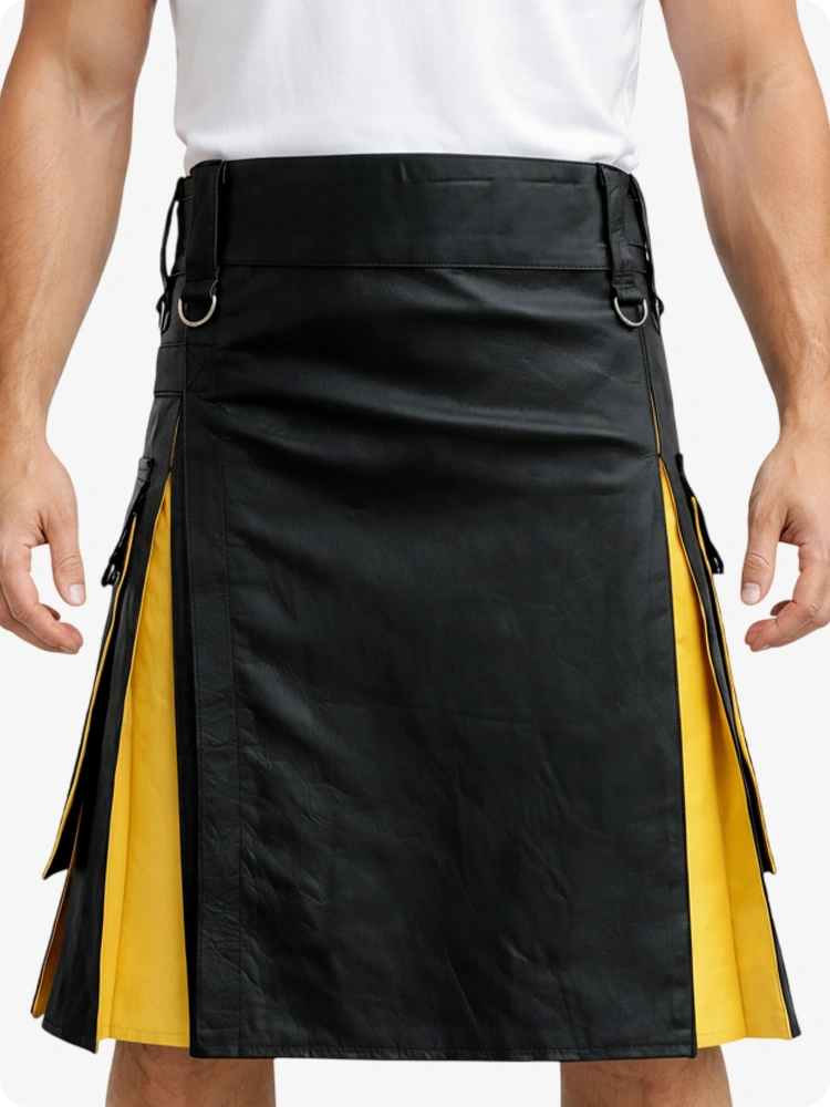 Kilt in pelle nero e giallo con tasche cargo