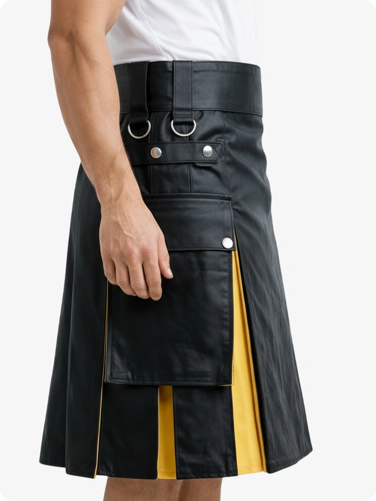 Kilt in pelle nero e giallo con tasche cargo