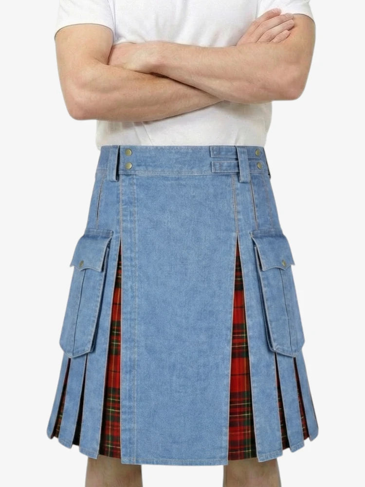 Gonna Scozzese in Denim Blu Cargo