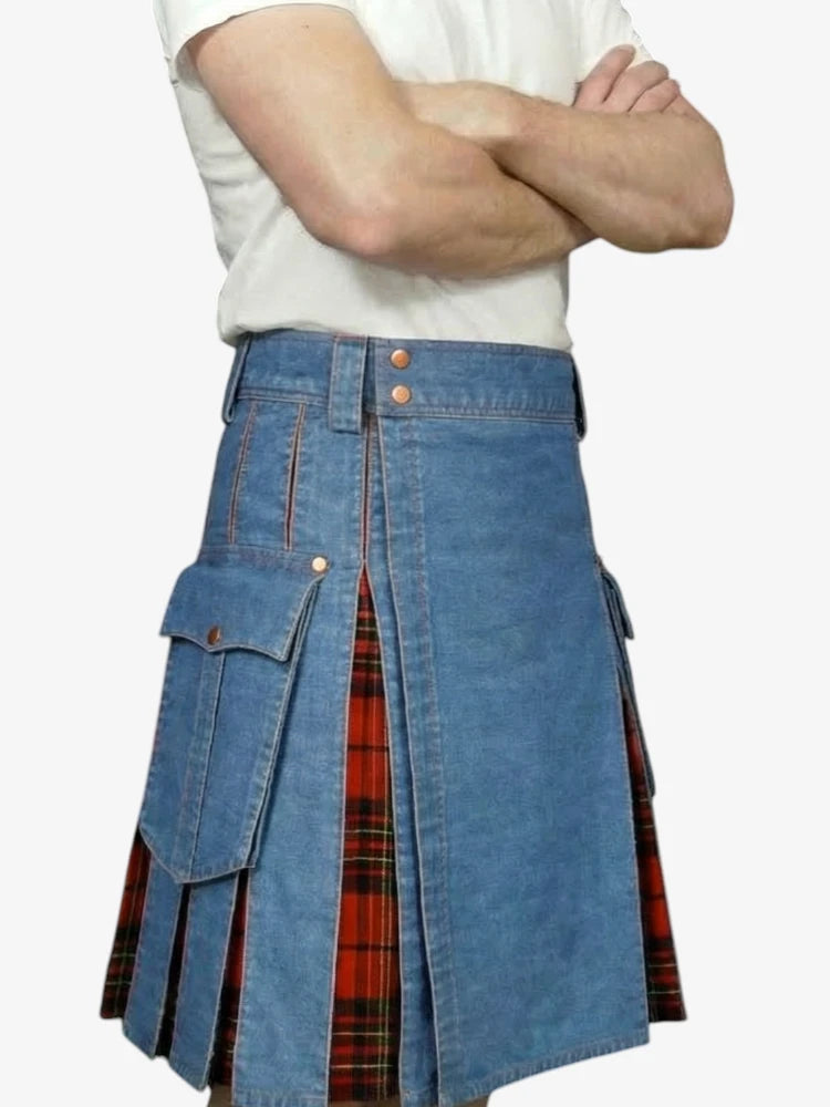 Gonna Scozzese in Denim Blu Cargo