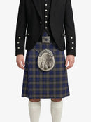 Person wearing a traditional Scottish kilt with a jacket on a white background