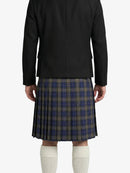 Person wearing a black jacket and plaid kilt on a white background