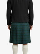 Person wearing a black coat and green plaid kilt on a white background