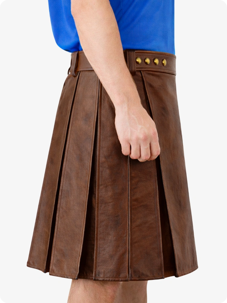 Kilt utility in vera pelle marrone con fascia in vita borchiata
