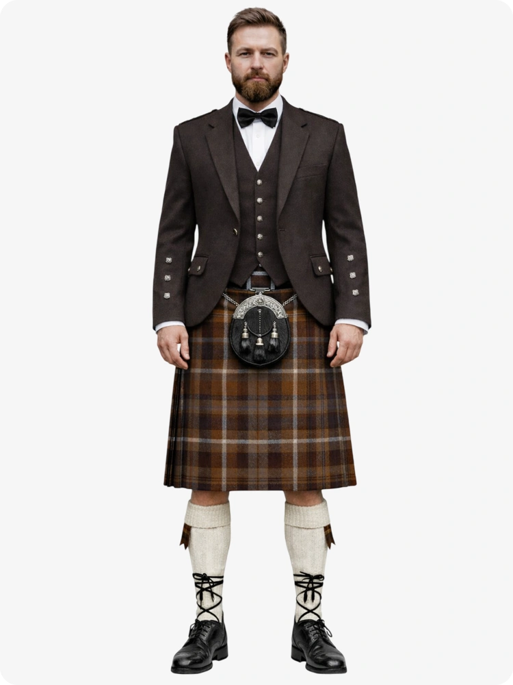 Kilt in tartan marrone mélange con giacca Argyle marrone
