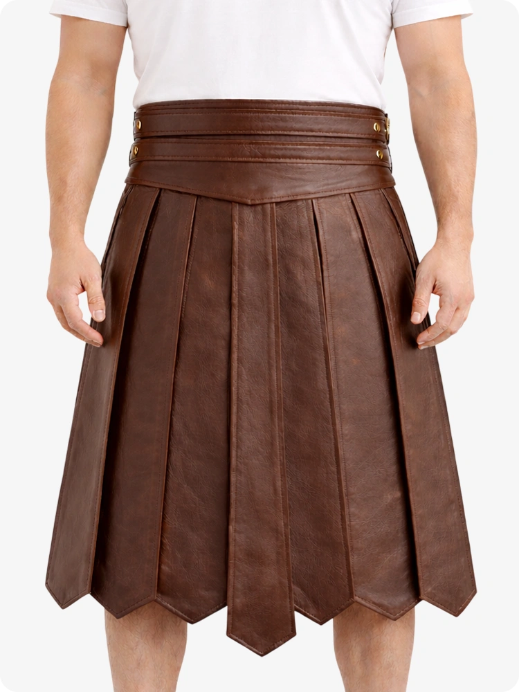 Brown Leather Highland Kilt Adjustable Buckle Waist & Classic Pleats