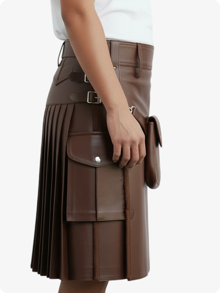 Kilt in pelle pieghettato marrone con passanti cintura e cinghie laterali