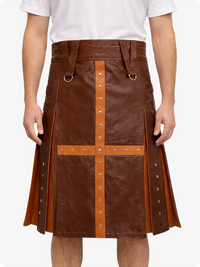 Brown leather kilt with orange accents on a white background