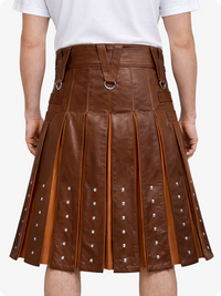 Brown pleated skirt with silver buttons on a white background
