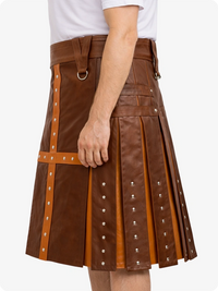 Brown leather kilt with decorative studs on a white background