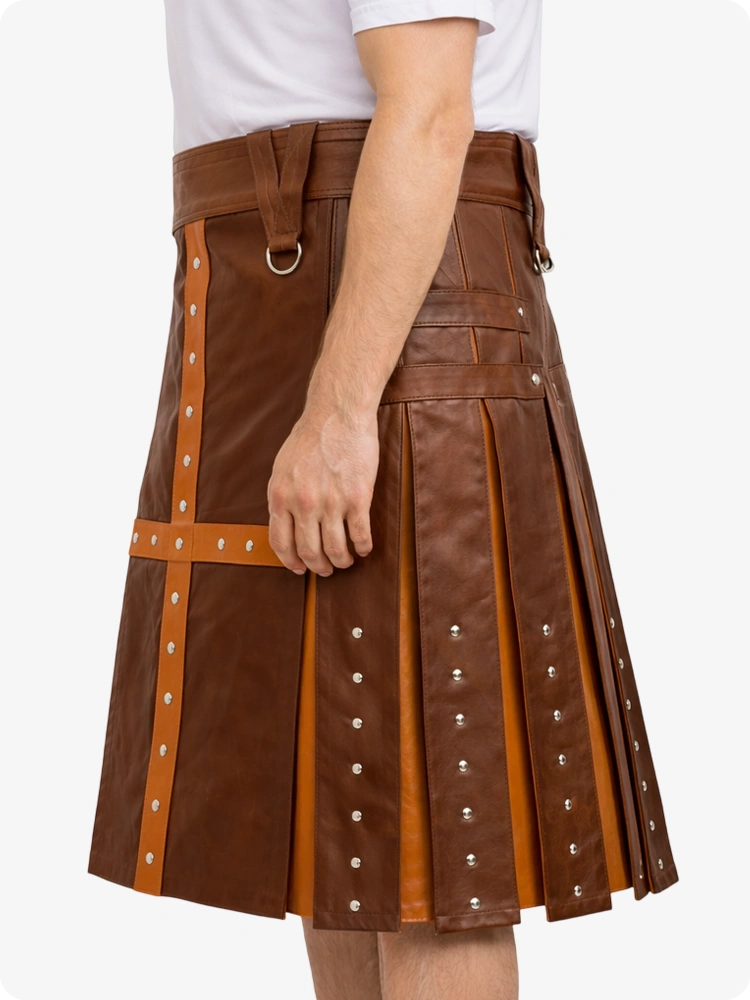 Brown leather kilt with decorative studs on a white background