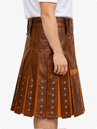 Brown leather kilt with metal studs on a white background