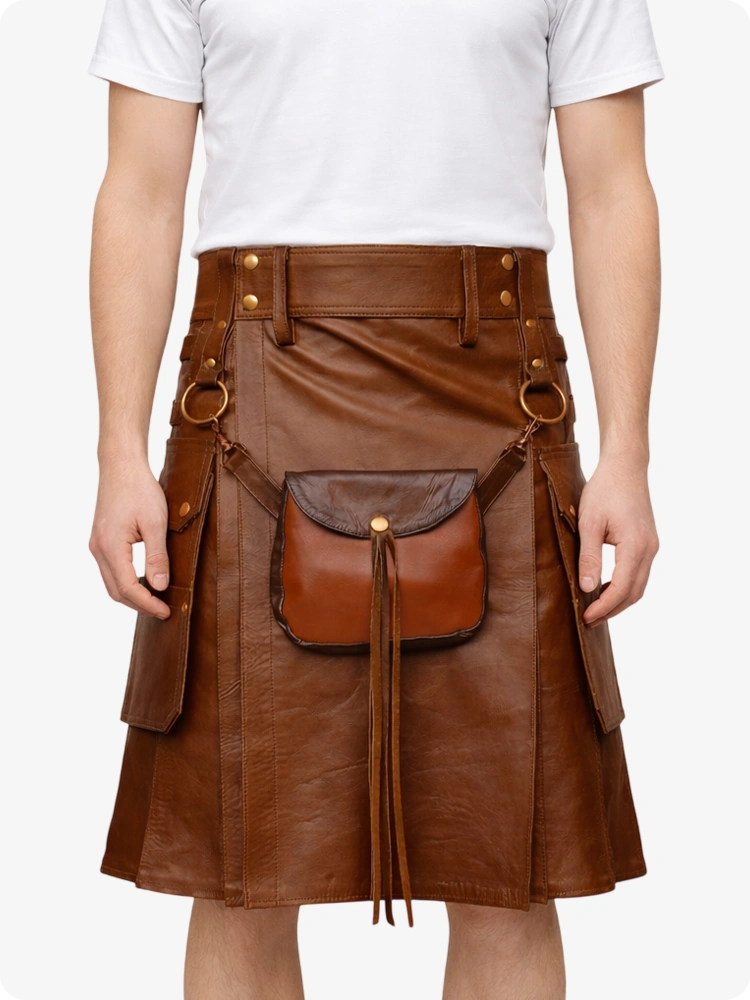 Brown Leather Utility Kilt with Front Sporran