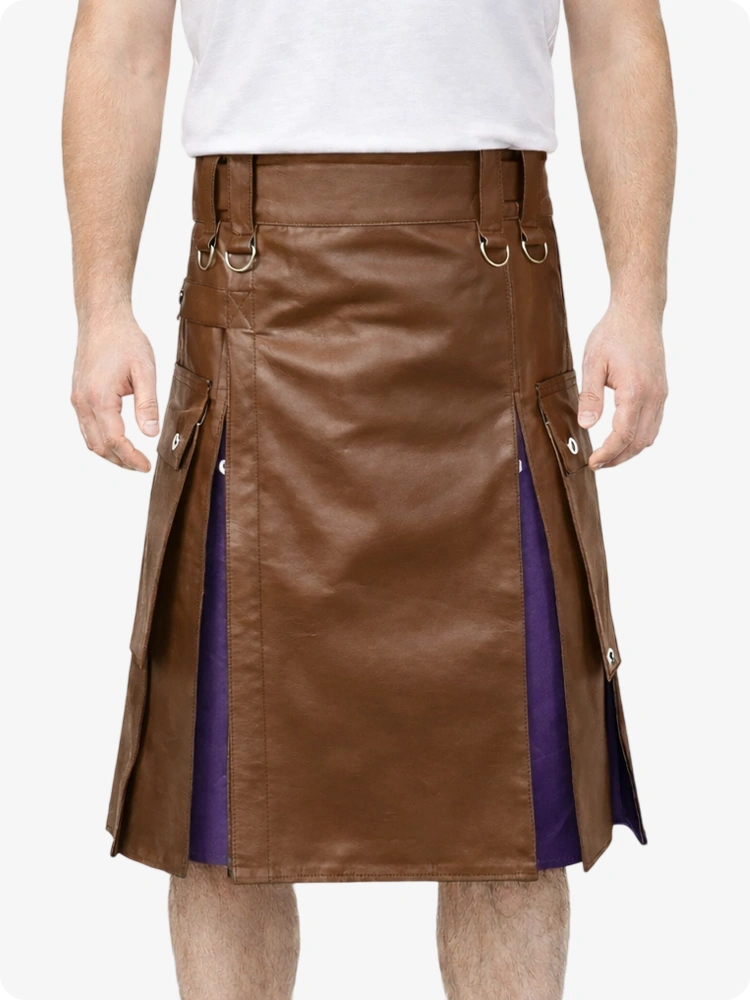 Brown Leather Utility Kilt with Purple Pleats, Side Pockets & D-Ring Hardware