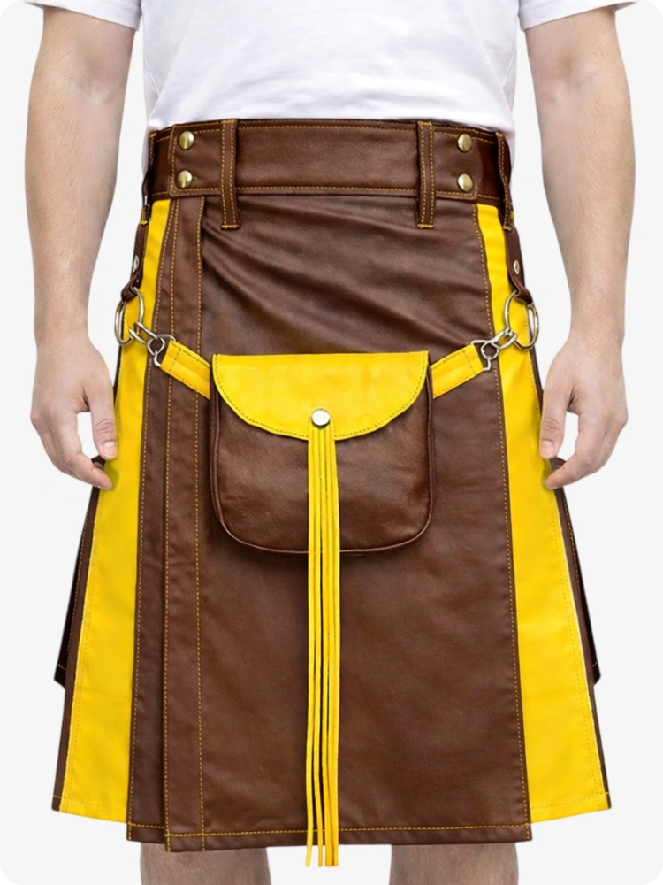 Brown Leather Utility Kilt with Yellow Accents & Detachable Pockets