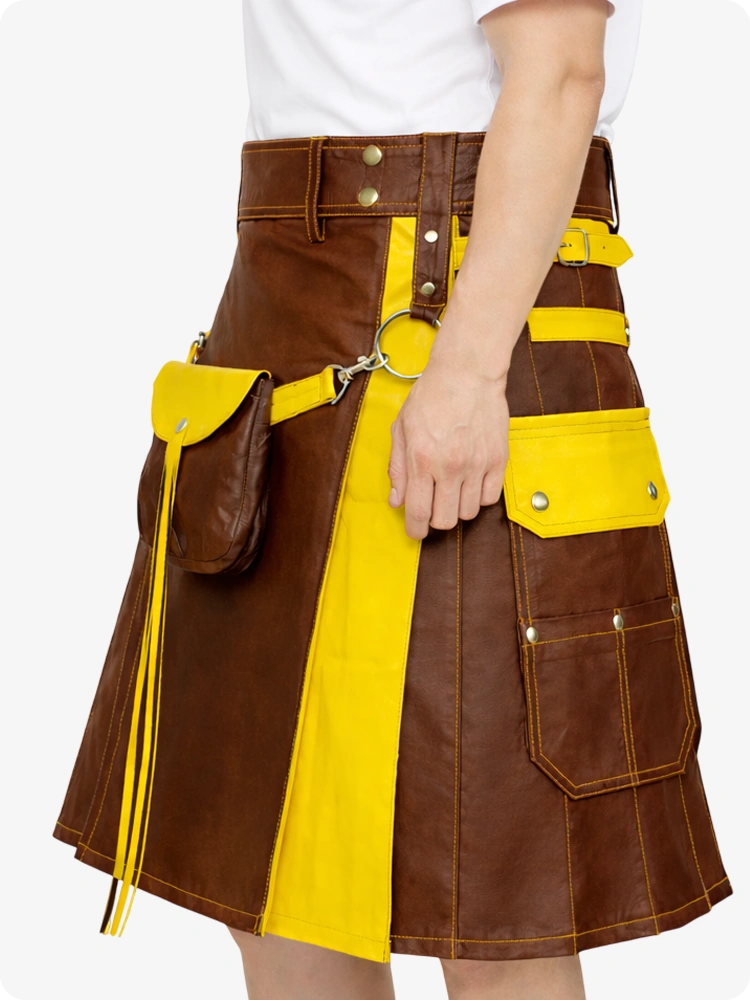 Brown Leather Utility Kilt with Yellow Accents & Detachable Pockets