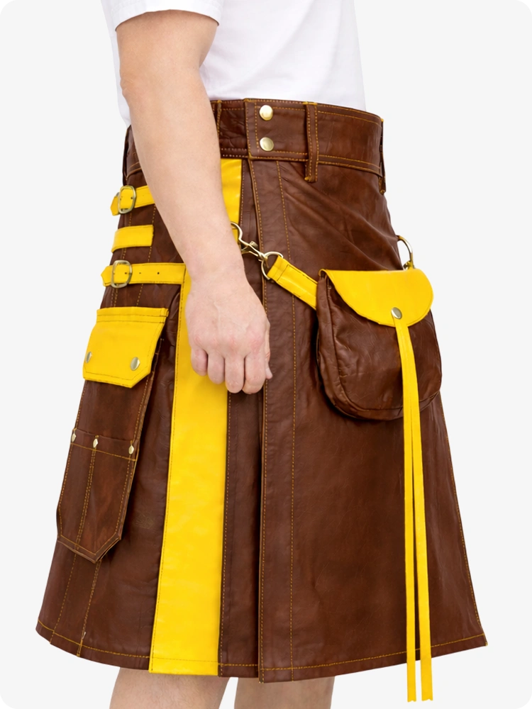 Brown Leather Utility Kilt with Yellow Accents & Detachable Pockets