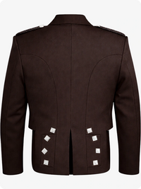 Brown military-style jacket with silver buttons on a white background