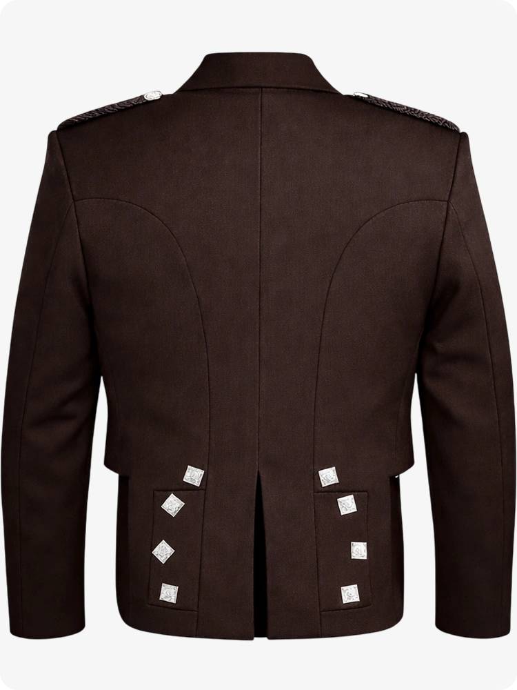 Brown military-style jacket with silver buttons on a white background