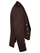 A dark brown double-breasted blazer shown from a side profile view, featuring decorative silver-toned square buttons on the lapels and cuffs, set against a plain white background.