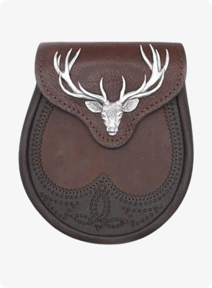 Sporran in Pelle Marrone con Design Testa di Cervo Fatto a Mano