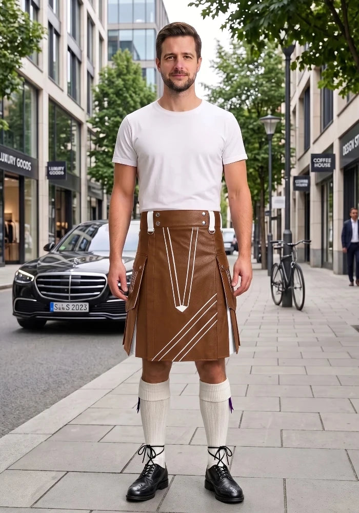 Brown and White Leather Hybrid Utility Kilt front