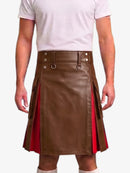 A brown faux-leather kilt with red side panels and silver metal hardware, modeled with a white t-shirt against a light gray background.
