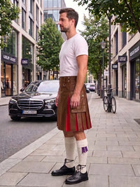 A man standing on a city sidewalk wearing a brown leather kilt with red lining, a white t-shirt, white socks, and black leather shoes. A black Mercedes-Benz car and a bicycle are visible in the background of the street scene.