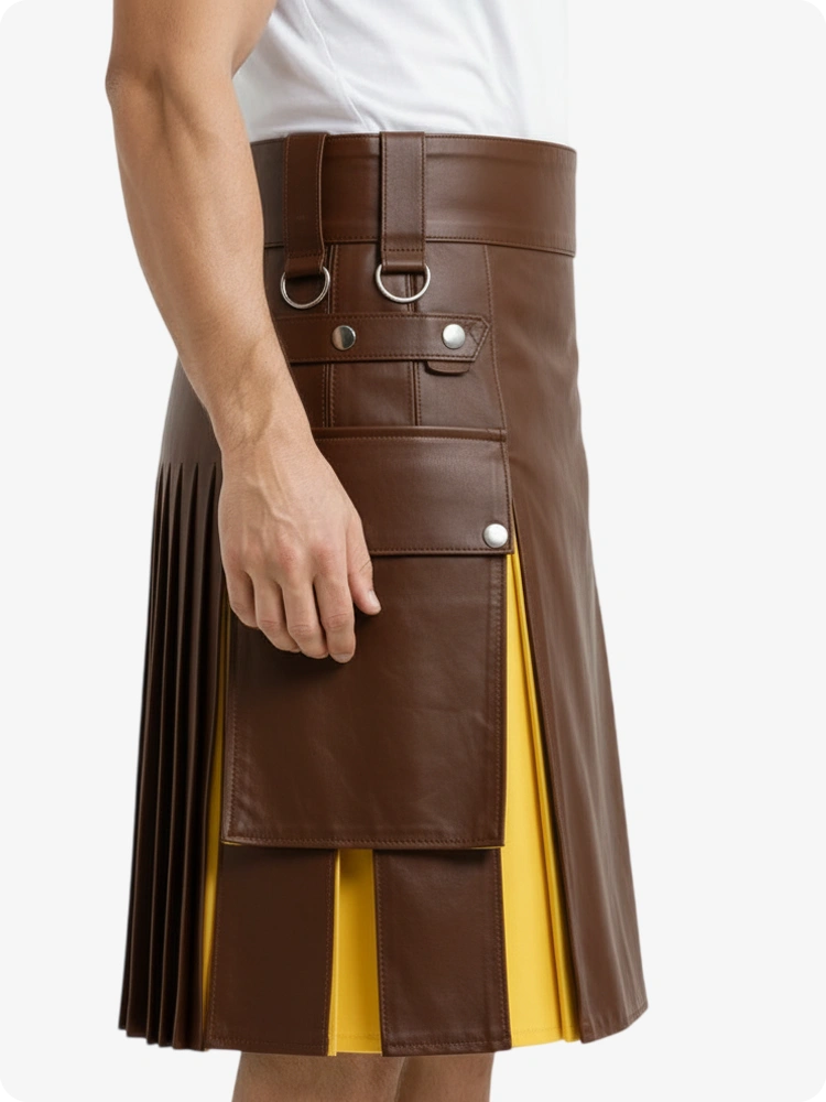 Kilt in pelle marrone e giallo con tasche cargo