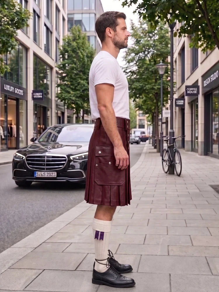 A man stands on a city sidewalk wearing a dark burgundy leather kilt, a white t-shirt, white socks, and black leather oxford shoes. A black Mercedes-Benz car is parked on the street behind him, with trees and storefronts in the background.