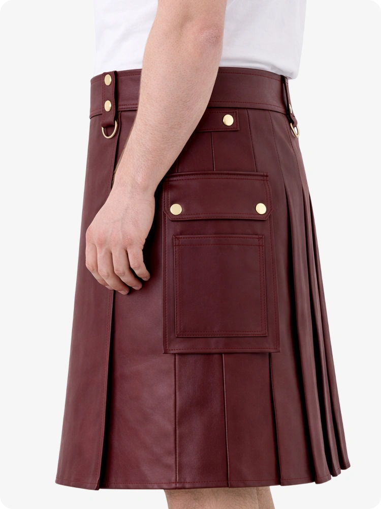Burgundy Genuine Leather Utility Kilt with Cargo Pockets & D-Rings