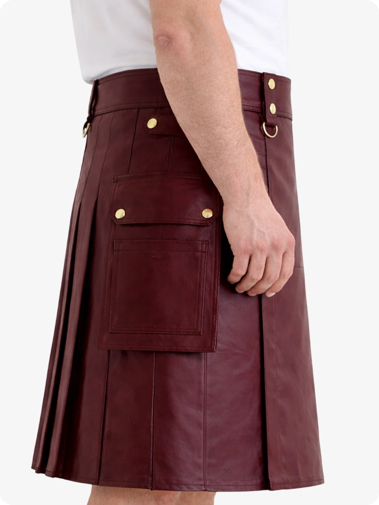 Burgundy Genuine Leather Utility Kilt with Cargo Pockets & D-Rings