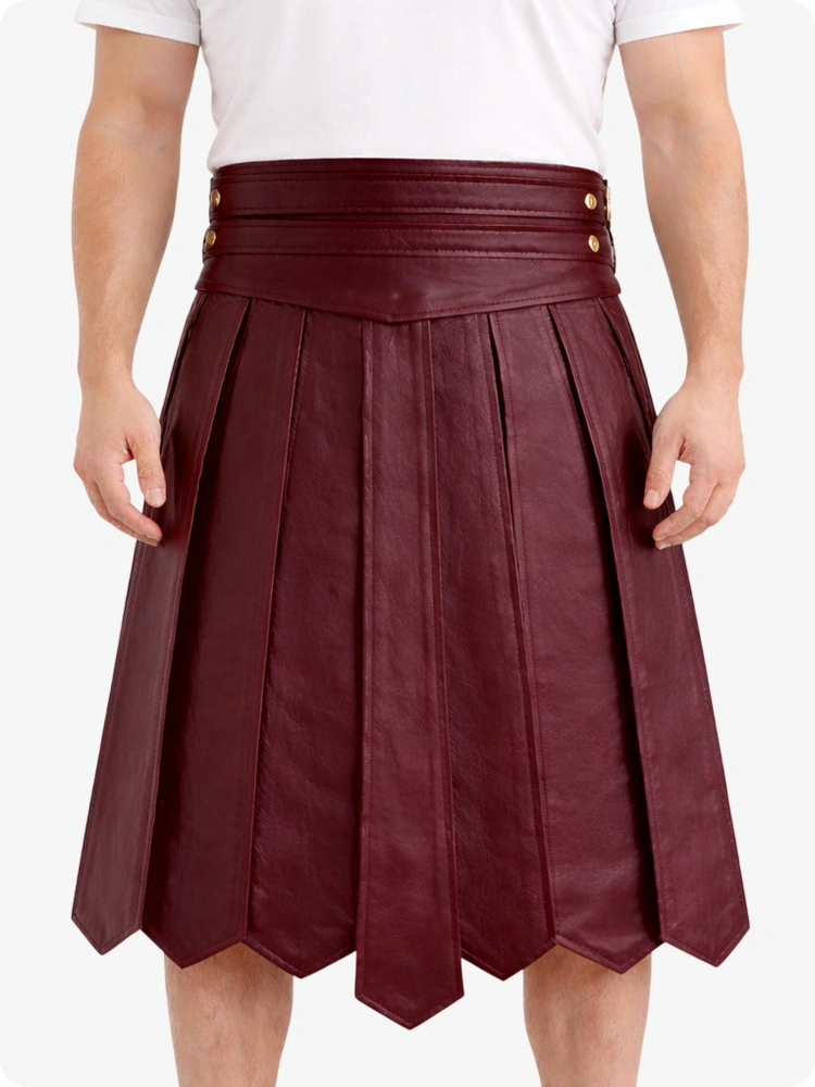 Burgundy Leather Highland Kilt Adjustable Buckle Waist & Classic Pleats