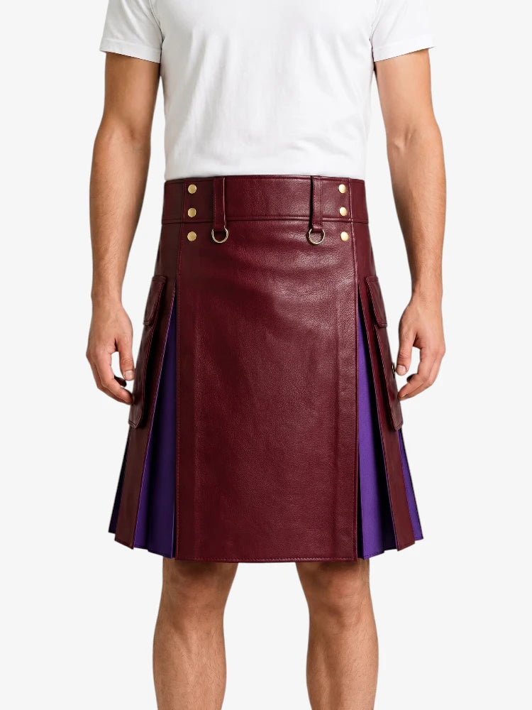 Burgundy Leather Kilt With Purple Pleats