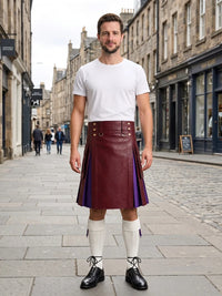 Burgundy Leather Kilt With Purple Pleats Front Side