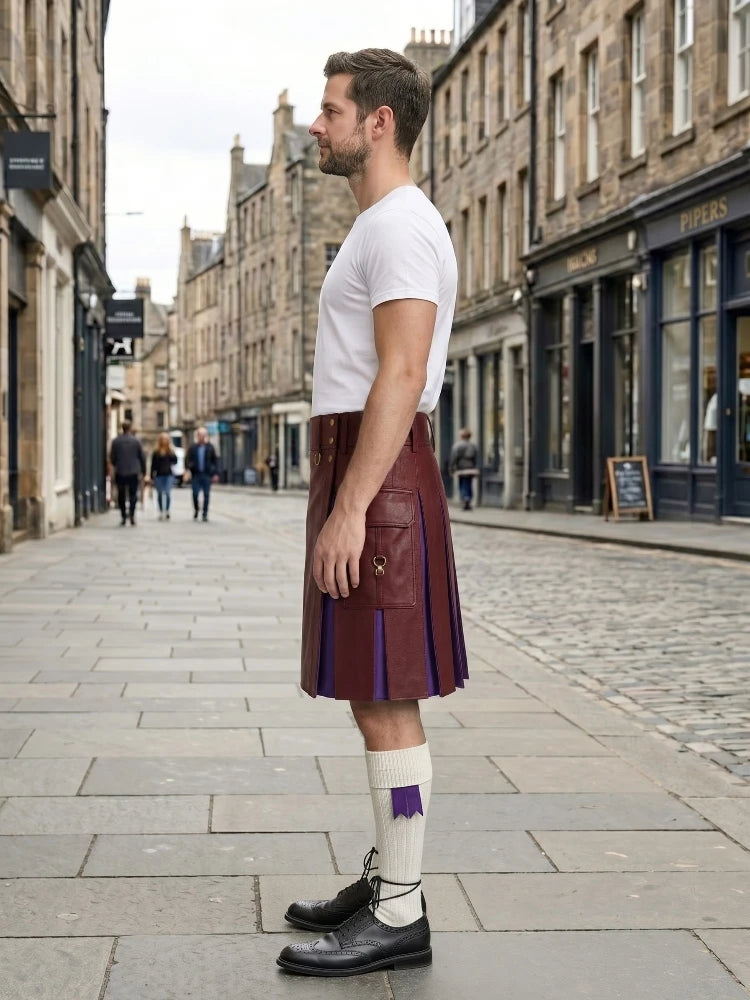 Burgundy Leather Kilt With Purple Pleats Left Side