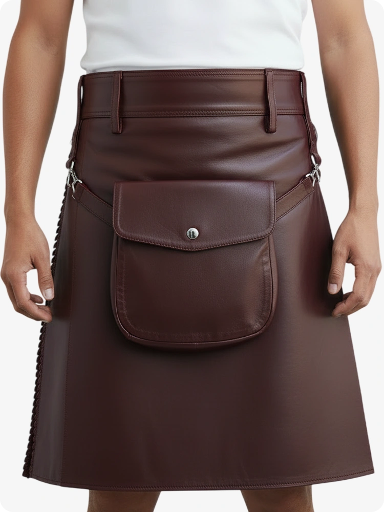 Kilt in pelle pieghettato bordeaux con passanti cintura e cinghie laterali