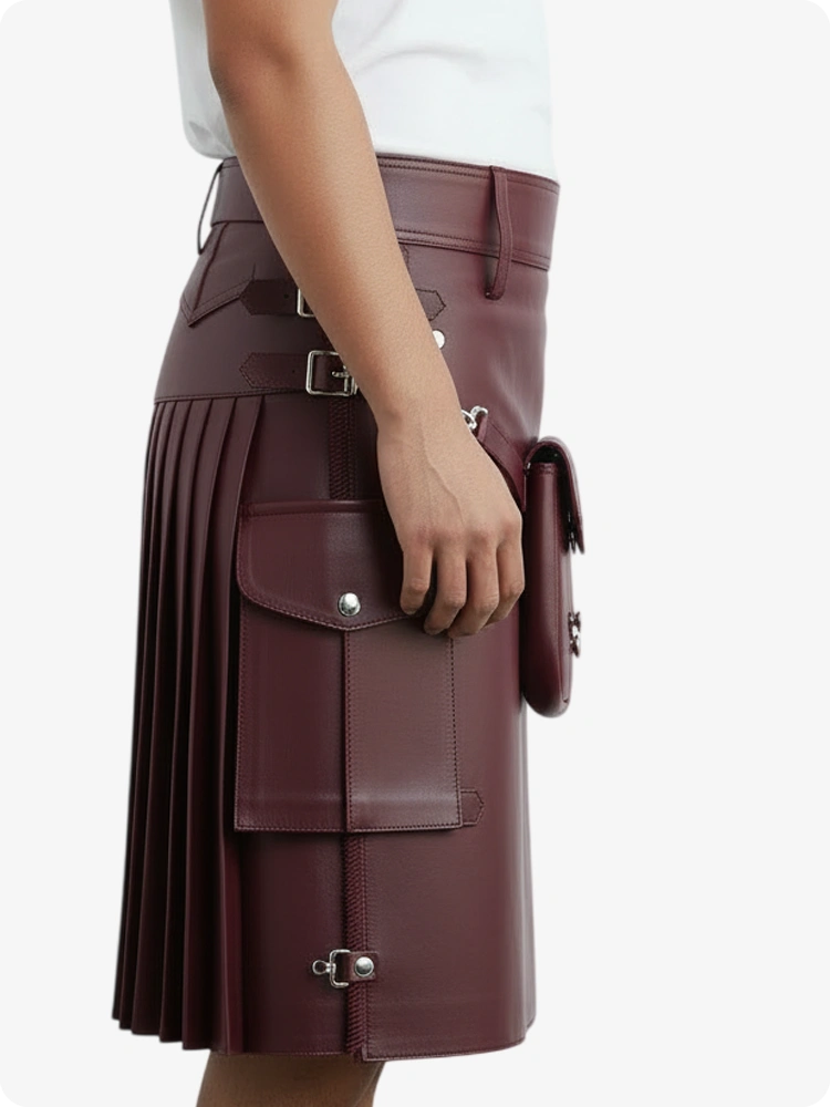 Kilt in pelle pieghettato bordeaux con passanti cintura e cinghie laterali