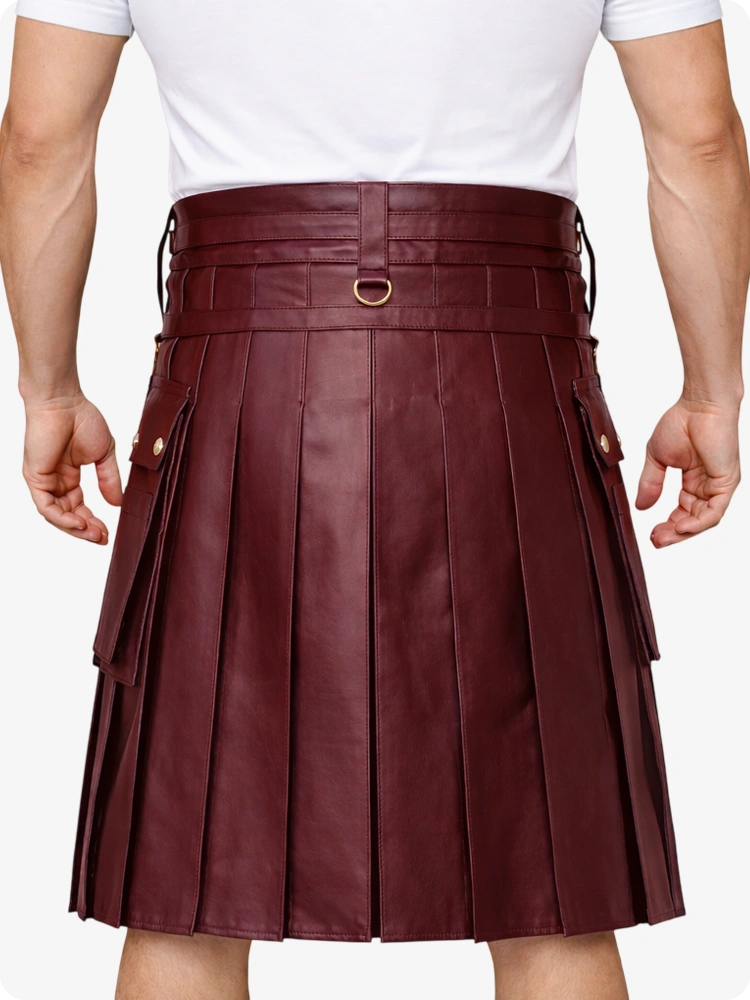 Burgundy Leather Utility Kilt with Chain Detailing & Adjustable Straps