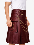 Burgundy Leather Utility Kilt with Chain Detailing & Adjustable Straps