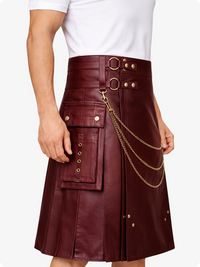 Burgundy Leather Utility Kilt with Chain Detailing & Adjustable Straps