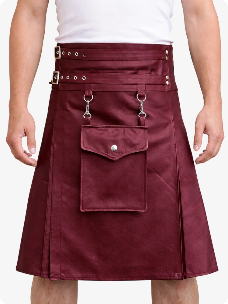 Burgundy Leather Utility Kilt with Front Pocket & Adjustable Buckle Straps