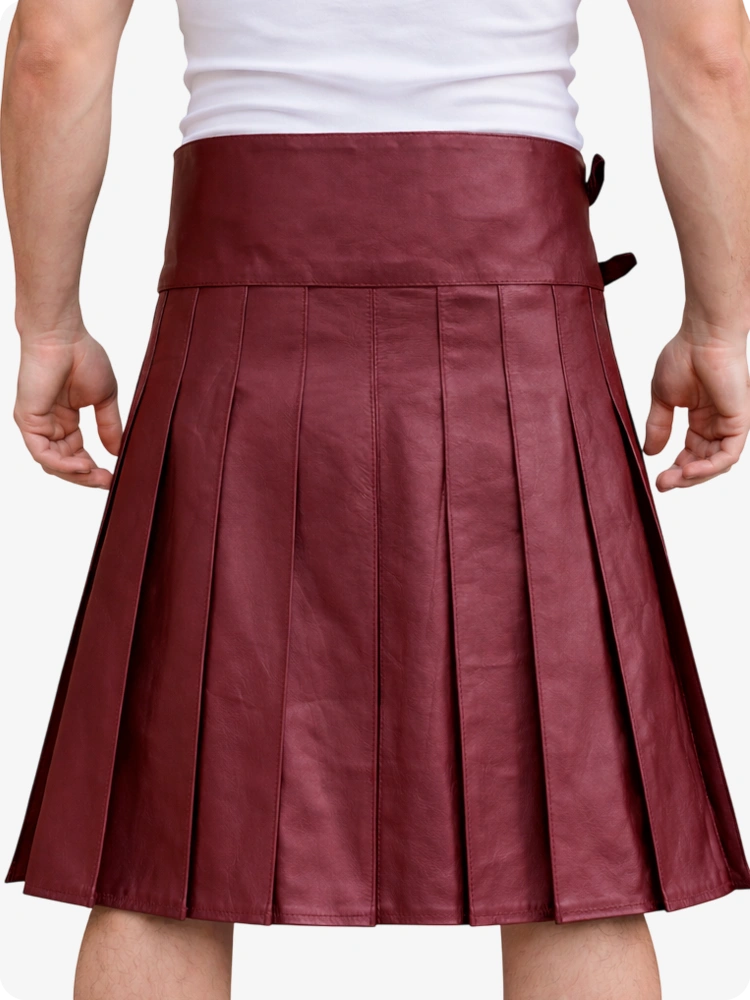 Burgundy Leather Utility Kilt with Front Pocket & Adjustable Buckle Straps