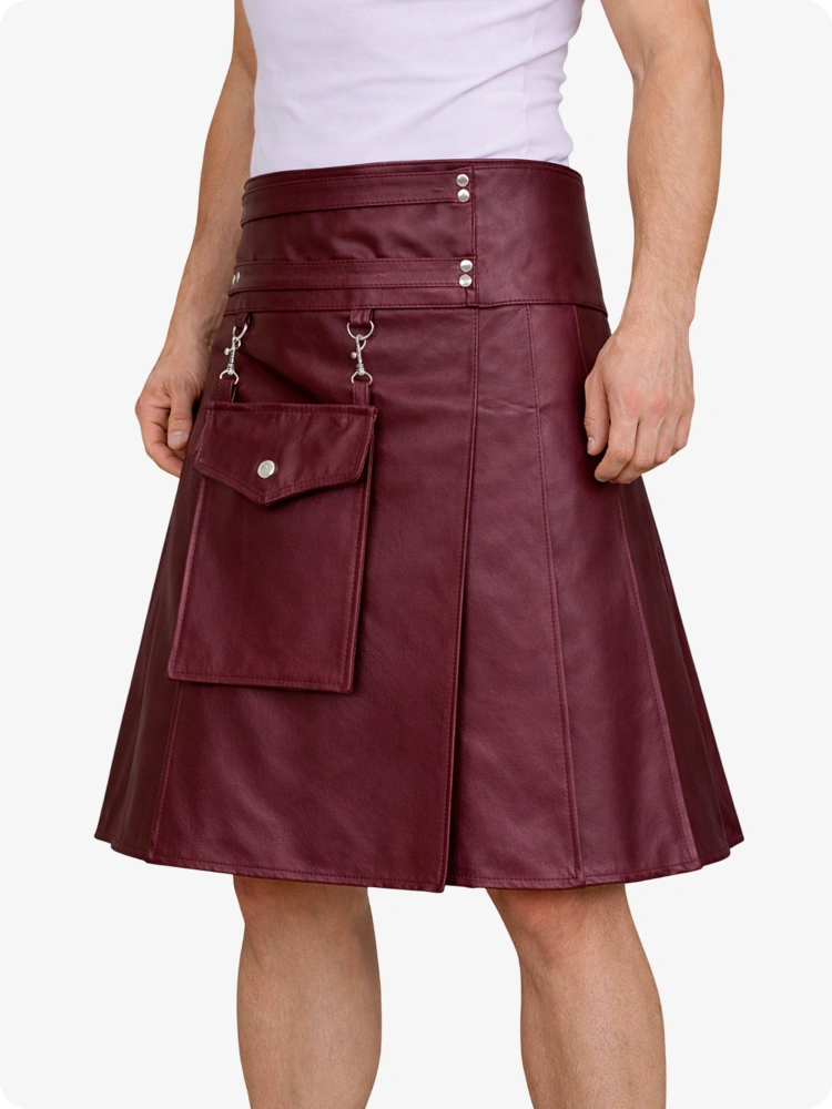 Burgundy leather skirt with silver buttons and hardware on a white background