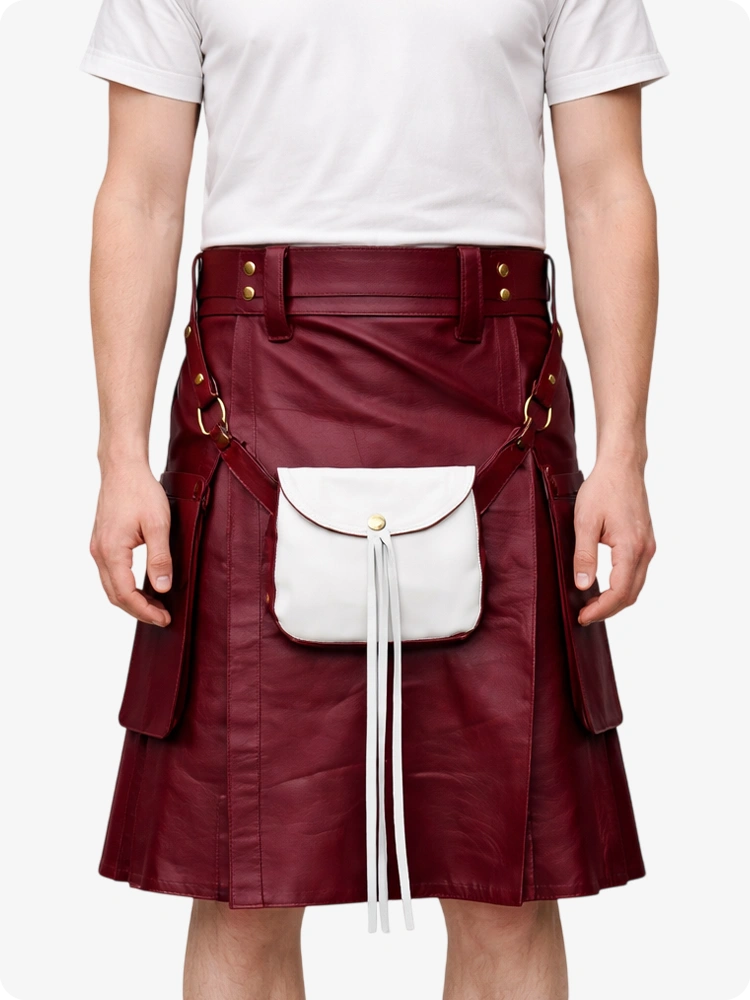 Burgundy Leather Utility Kilt with Front Sporran
