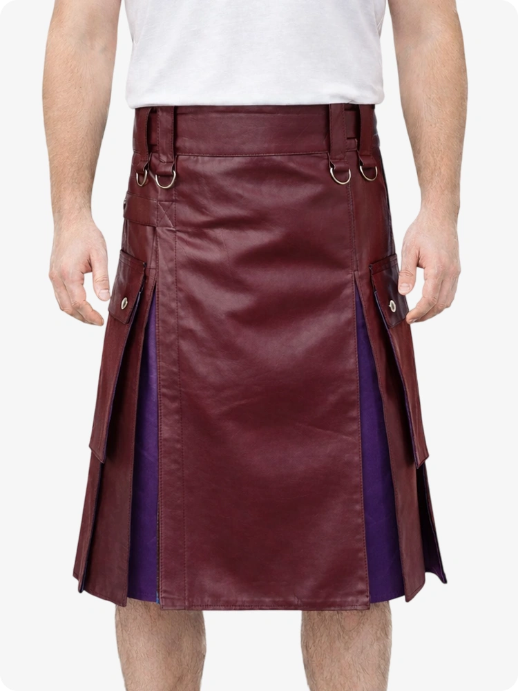 Burgundy Leather Utility Kilt with Purple Pleats, Side Pockets & D-Ring Hardware