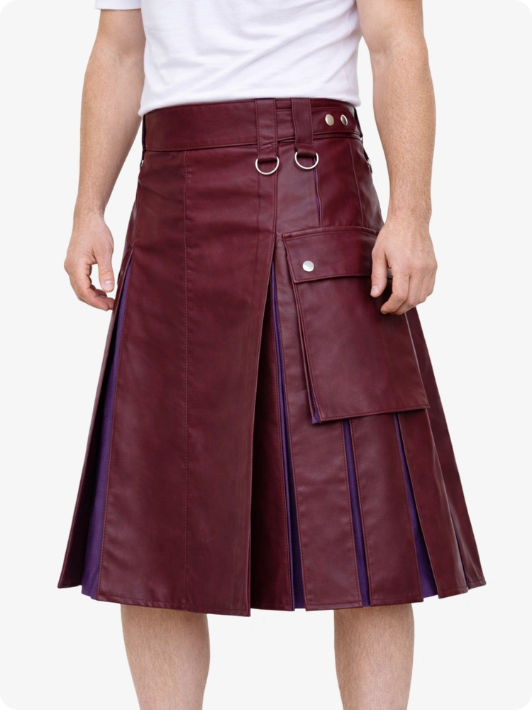 Burgundy leather skirt with white shirt on a white background