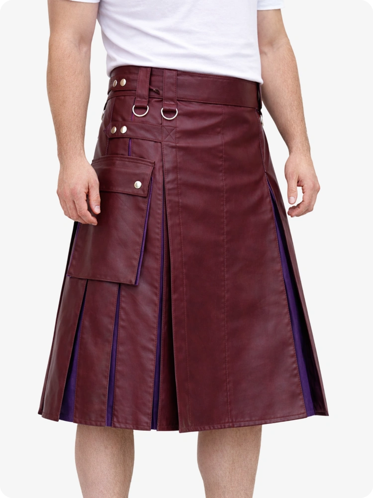 Burgundy Leather Utility Kilt with Purple Pleats, Side Pockets & D-Ring Hardware