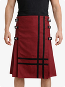 Burgundy kilt with black accents worn by a person on a white background
