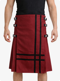 Burgundy kilt with black accents worn by a person on a white background